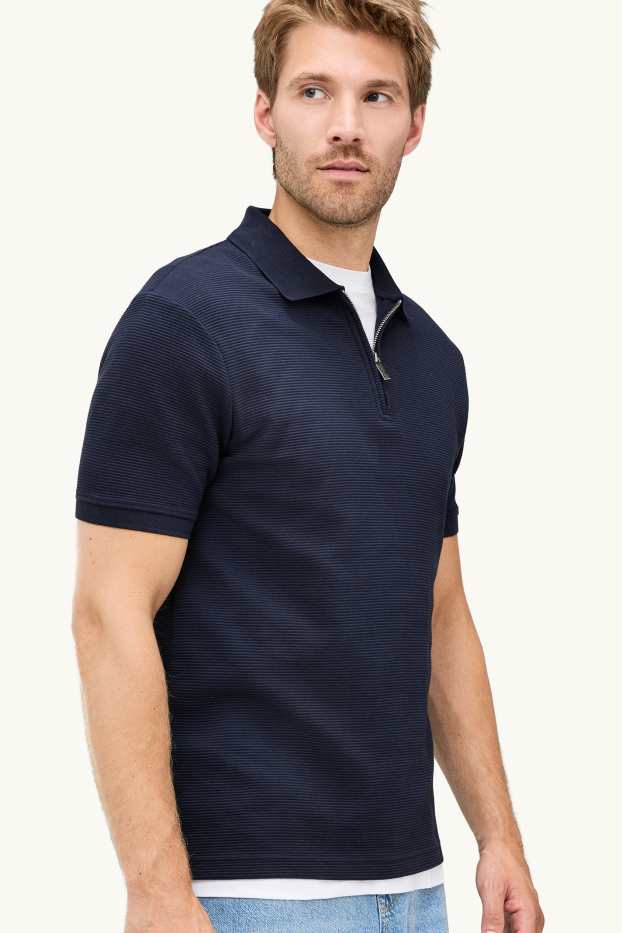 Pánské - Polokošile - regular fit - žebrovaná - tmavomodrá