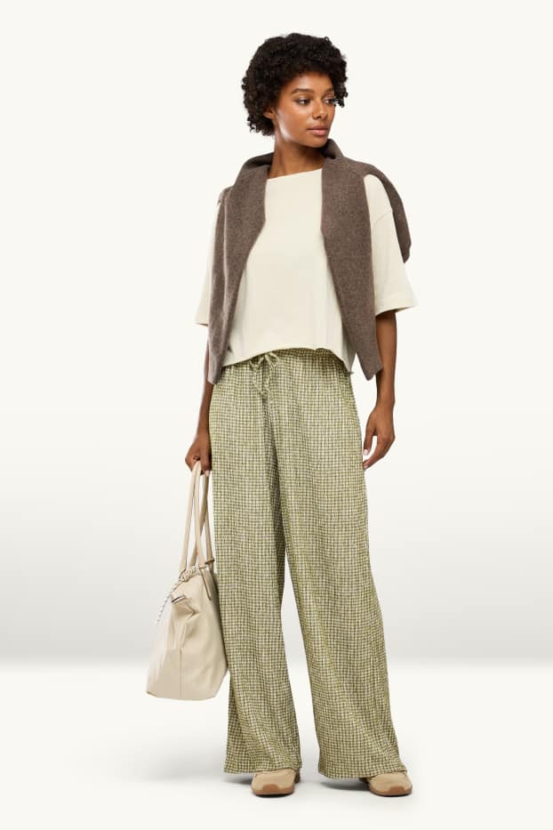 Damen - Stoffhose - Mid Waist - Wide Leg - kariert - grün / cremeweiss