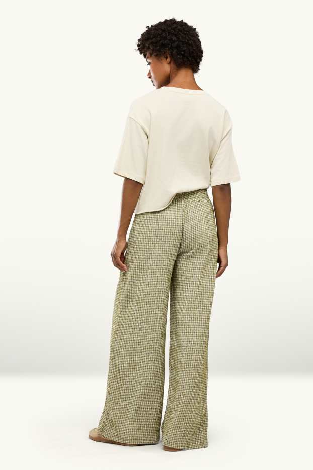 Damen - Stoffhose - Mid Waist - Wide Leg - kariert - grün / cremeweiss