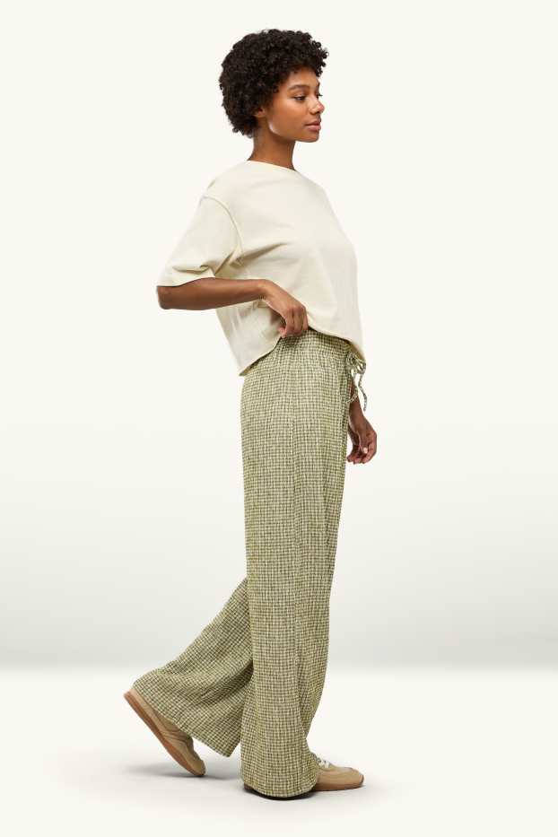 Damen - Stoffhose - Mid Waist - Wide Leg - kariert - grün / cremeweiss