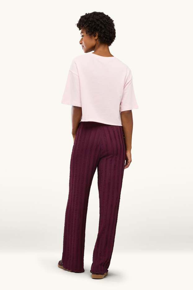Femmes - Pantalon en jersey - mid waist - wide leg - finition texturée - bordeaux