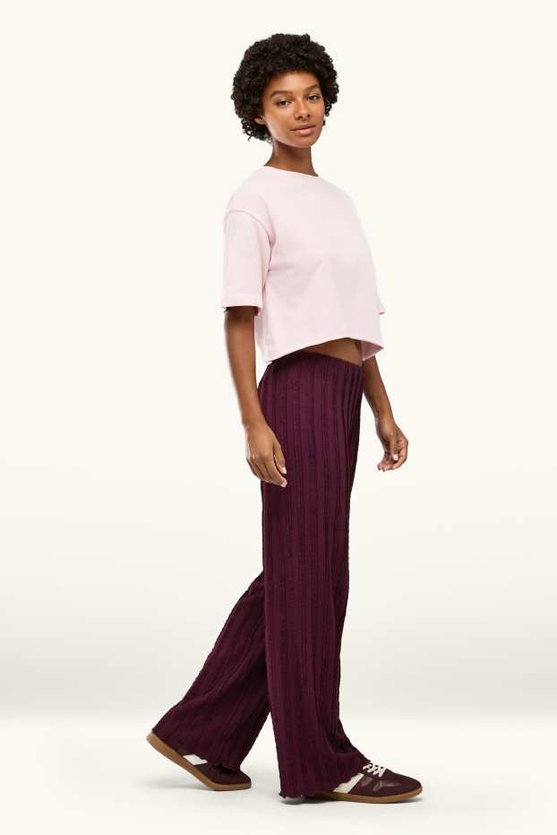 Femmes - Pantalon en jersey - mid waist - wide leg - finition texturée - bordeaux