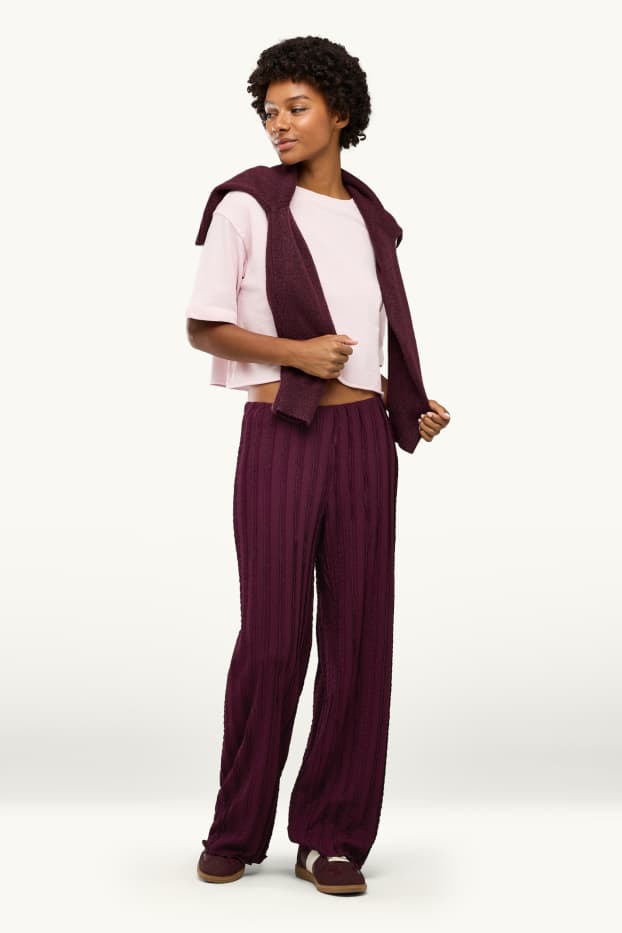 Femmes - Pantalon en jersey - mid waist - wide leg - finition texturée - bordeaux