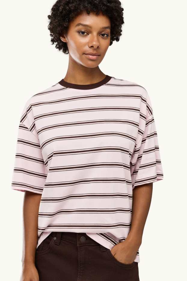 Damen - T-Shirt - Oversized - gestreift - braun / rosa