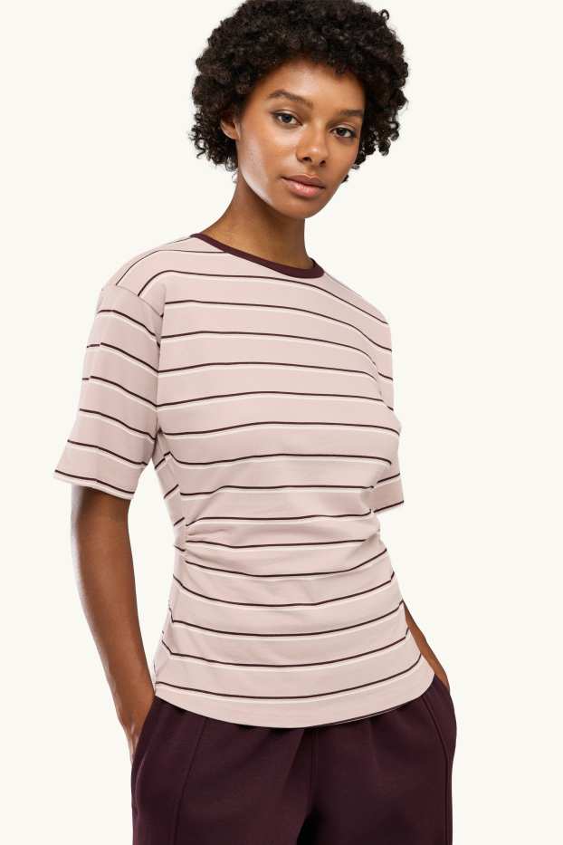Women - T-shirt - slim fit - striped - brown / rose