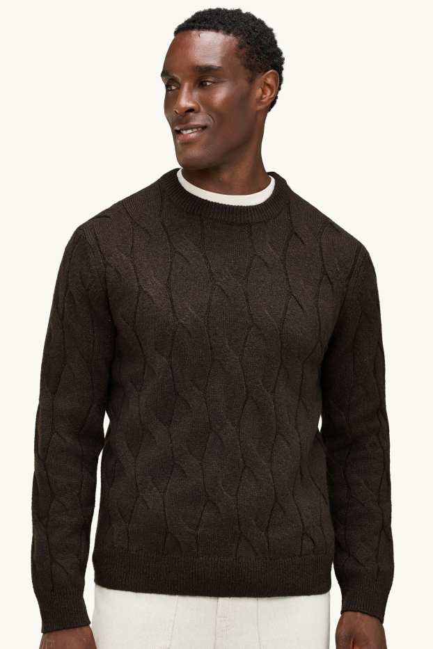 Hommes - Pull - motif tressé - marron foncé