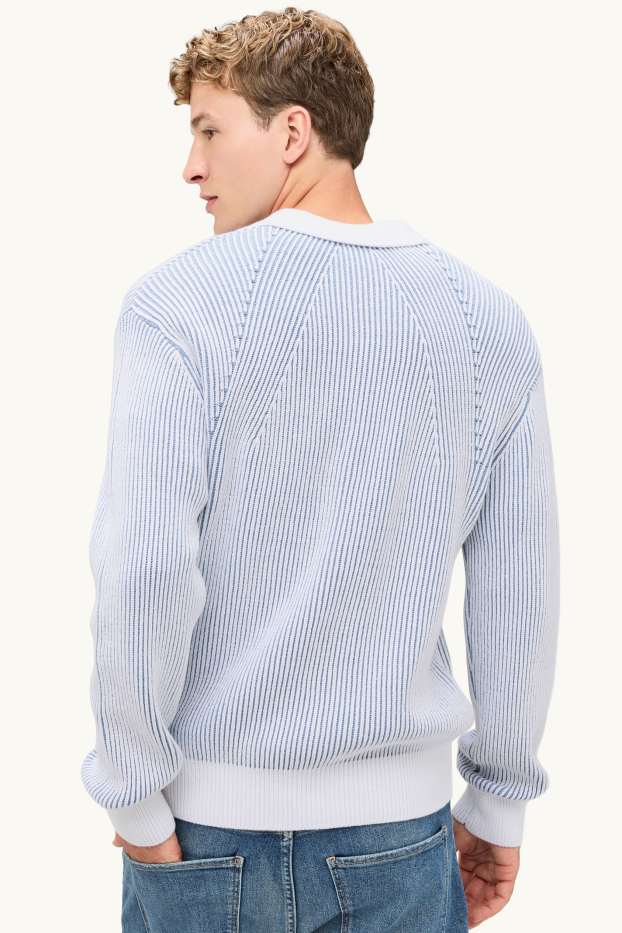 Heren - Trui - geribd - blauw / wit