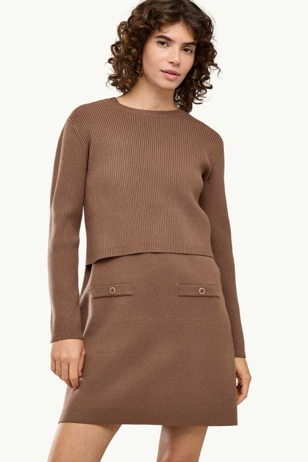 Damen - Fit & Flare Kleid - 2-in1-Look - braun