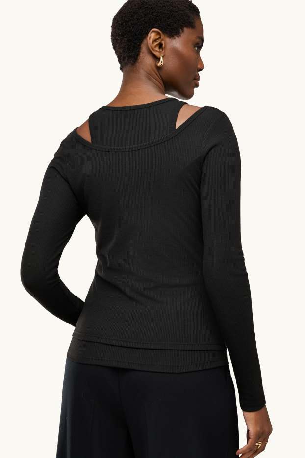 Dames - Longsleeve - regular fit - ribstof - 2-in-1-look - zwart
