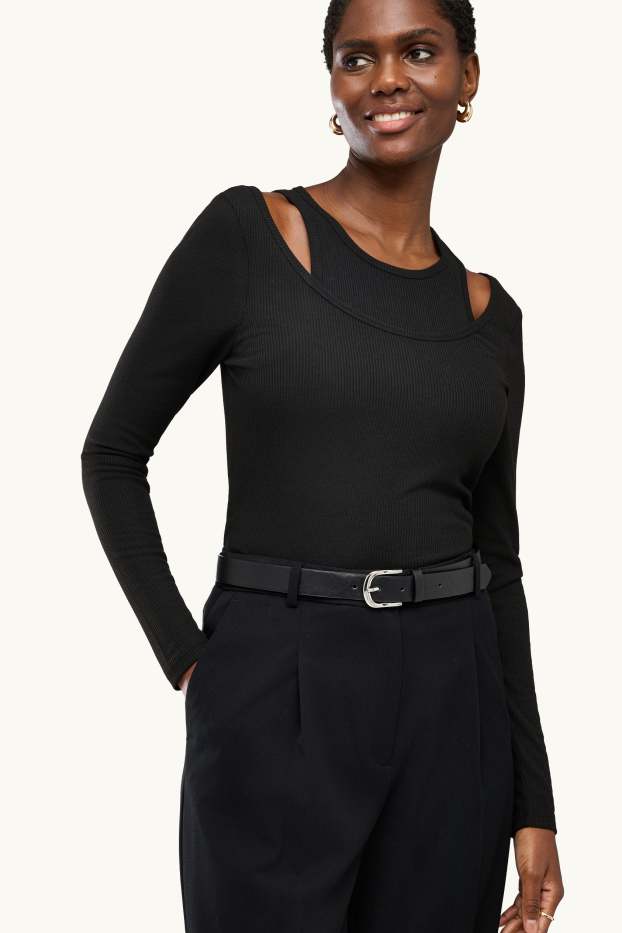Dames - Longsleeve - regular fit - ribstof - 2-in-1-look - zwart