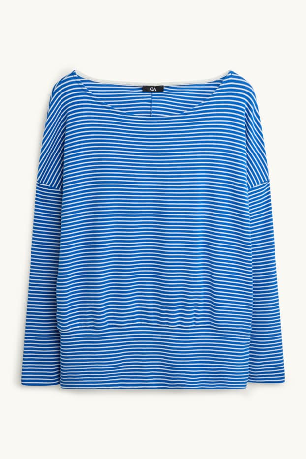 Dámské - Tričko s dlouhým rukávem - slim fit - pruhované - modrá/bílá