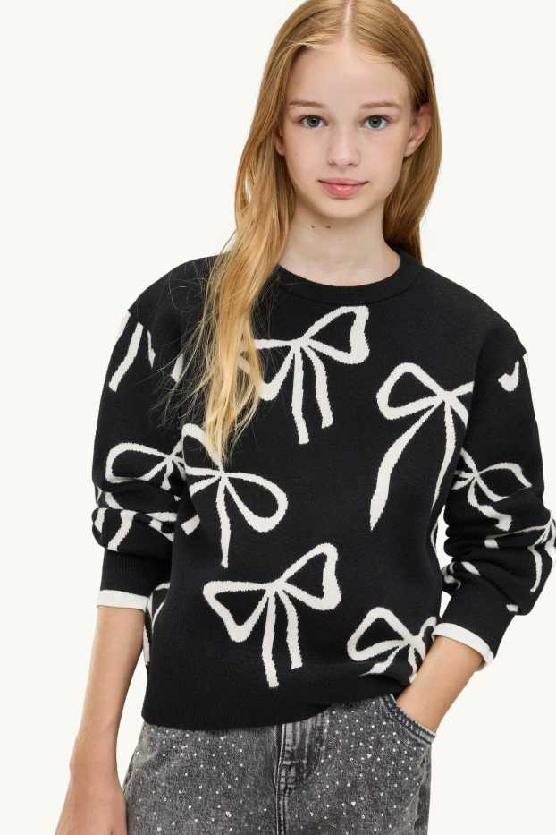 Kinder Mädchen - Schleife - Pullover - schwarz / weiß