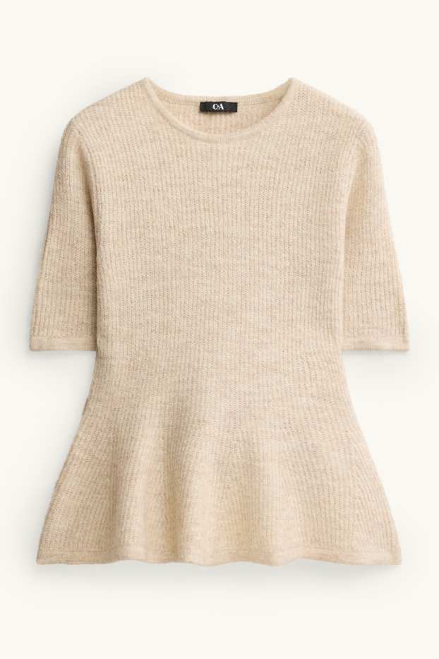 Damen - Strickpullover - kurzarm - gerippt - hellbeige