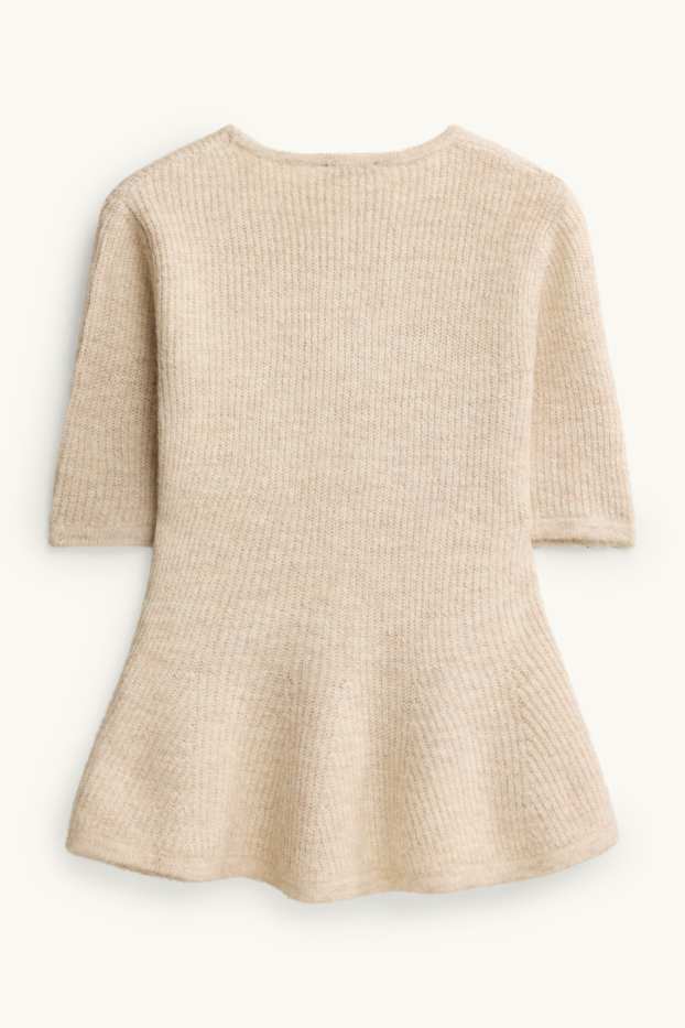 Damen - Strickpullover - kurzarm - gerippt - hellbeige