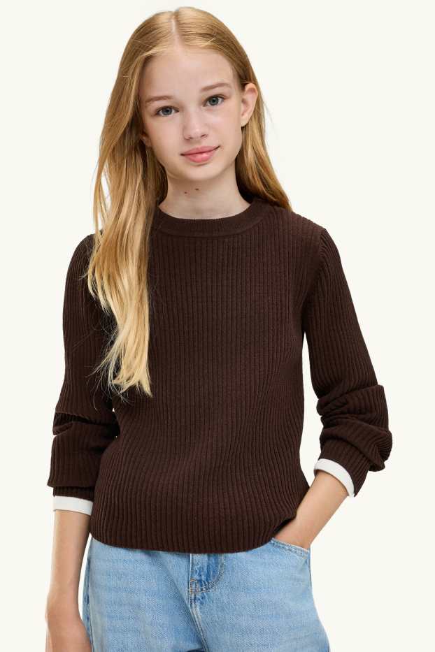 Enfants filles - Pull - finition côtelée - marron foncé