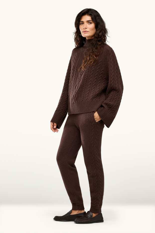 Donna - Pantaloni sportivi in maglia con cashmere - misto lana - marrone scuro