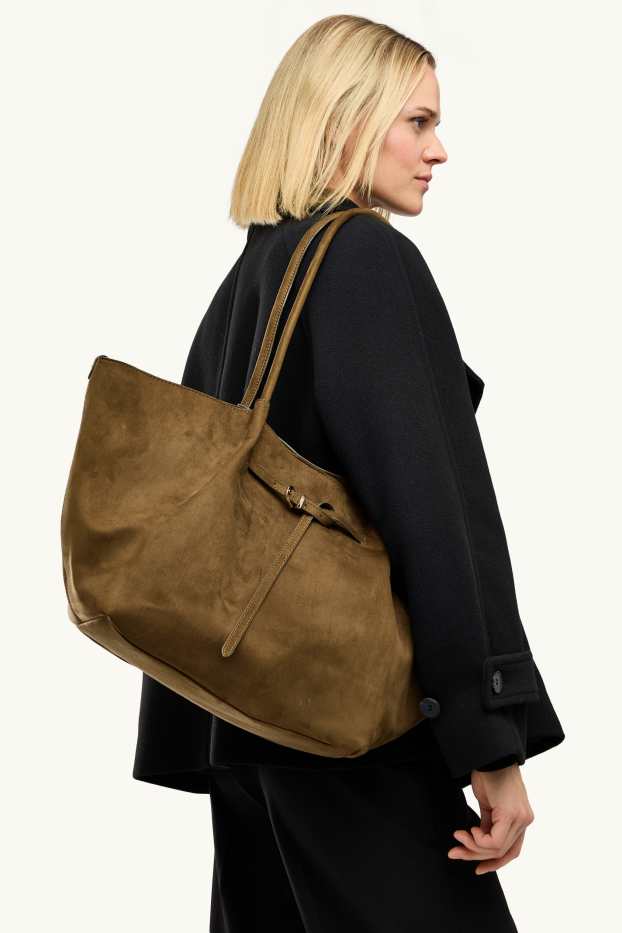 Dámské - Velká kabelka shopper - imitace semiše - khaki