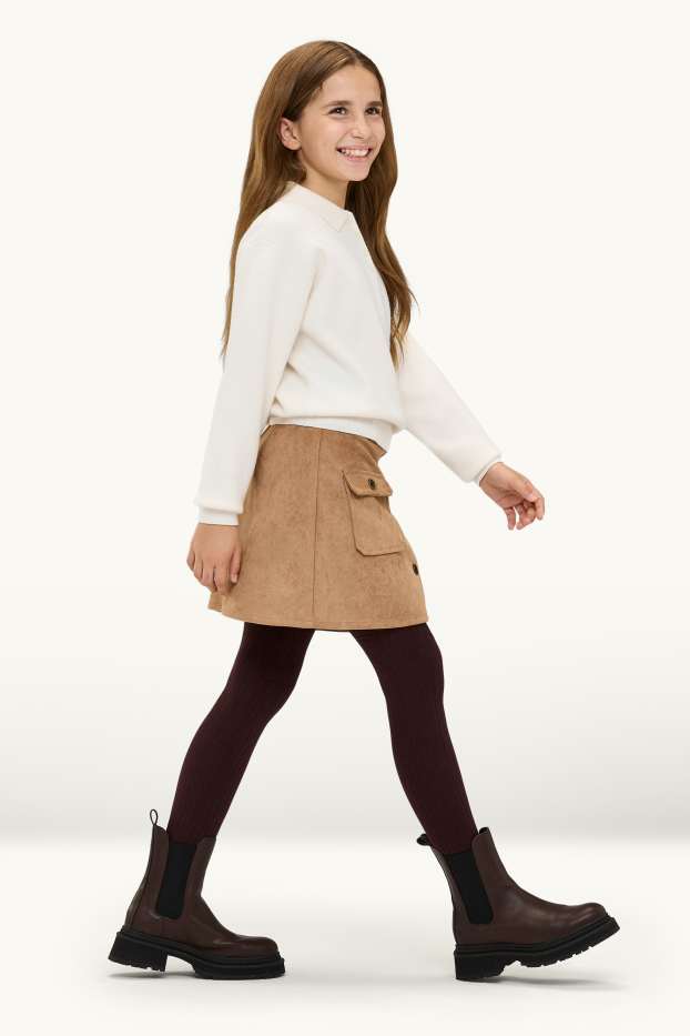 Enfants filles - Ensemble - jupe et collants - 2 pièces - faux suède - marron clair