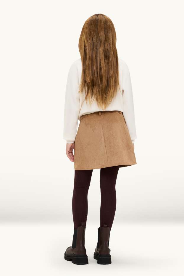 Enfants filles - Ensemble - jupe et collants - 2 pièces - faux suède - marron clair