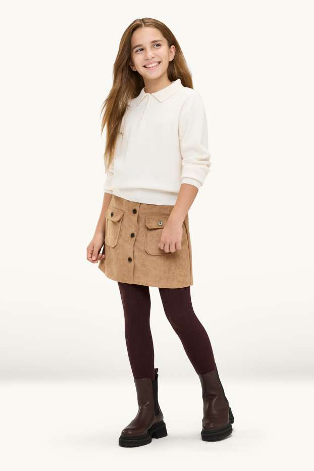 Enfants filles - Ensemble - jupe et collants - 2 pièces - faux suède - marron clair