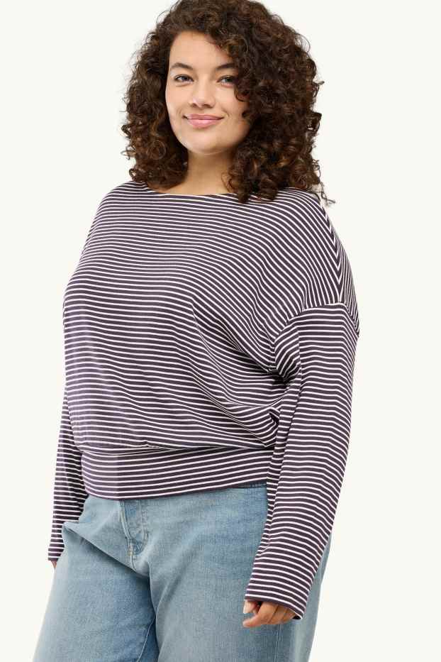 Dámské - Tričko s dlouhým rukávem - slim fit - pruhované - bílá/černá