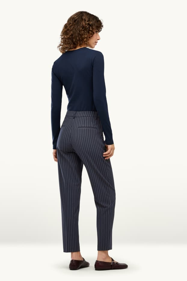 Dames - Pantalon - mid waist - tapered fit - gestreept - donkerblauw / wit