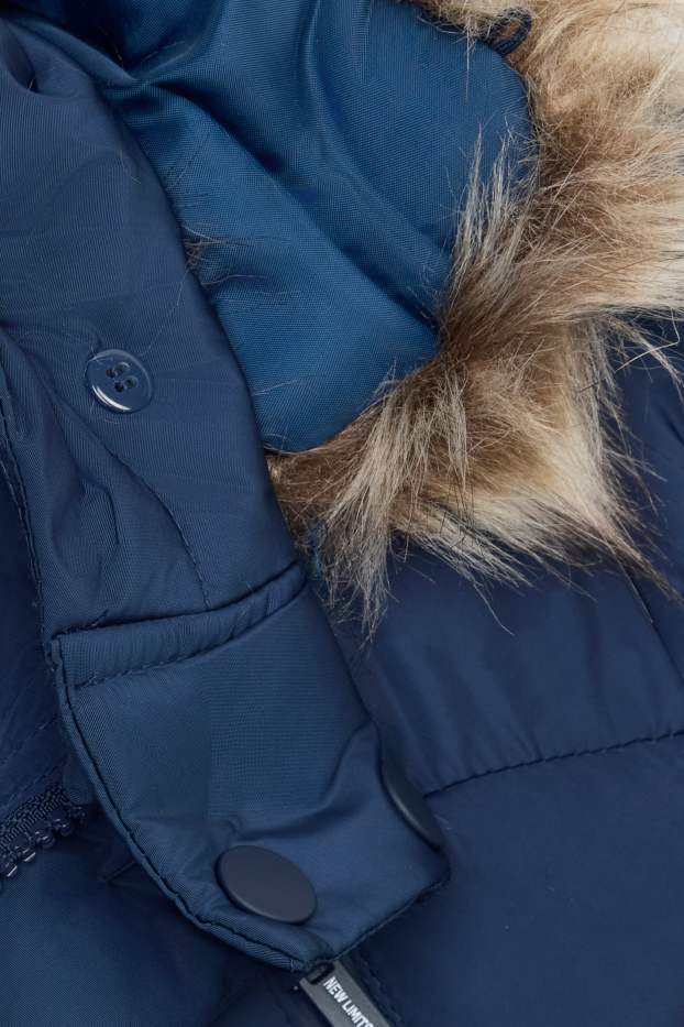 Bambini - Giacca trapuntata con cappuccio e riporto di ecopelliccia - idrorepellente - blu scuro