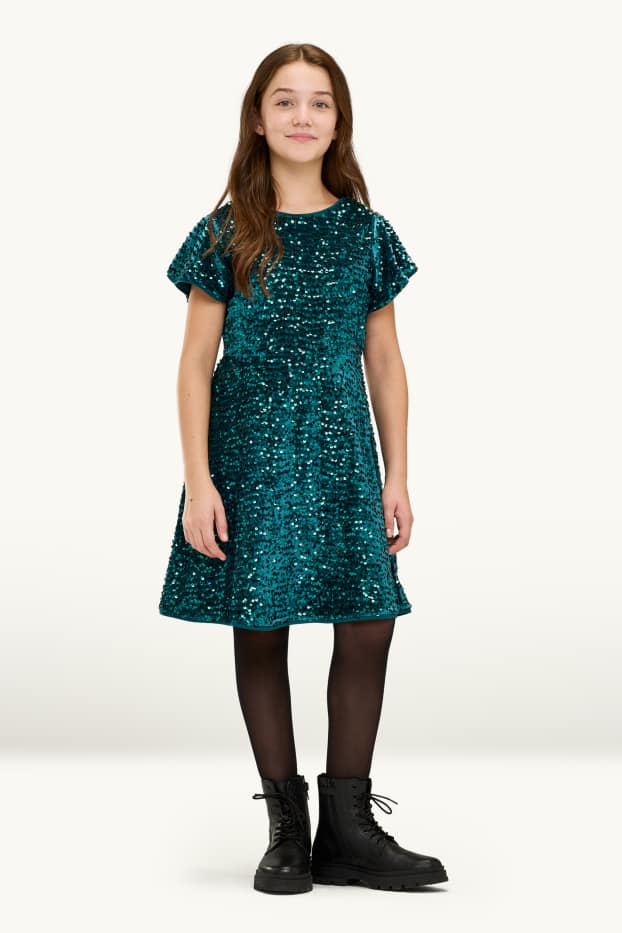 Children Girls - Bow - sequin dress - petrol