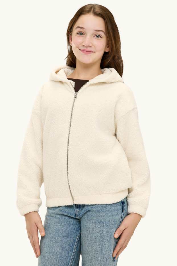 Bambine - Giacca in pelo teddy con cappuccio - bianco crema