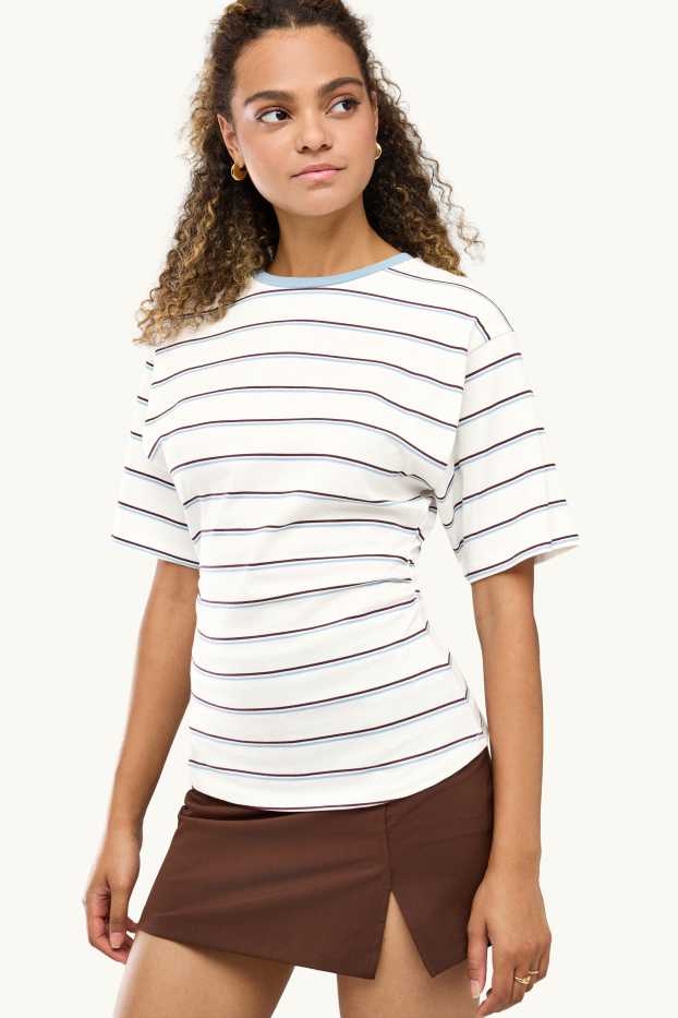 Femmes - T-shirt - slim fit - à rayures - blanc / bleu clair