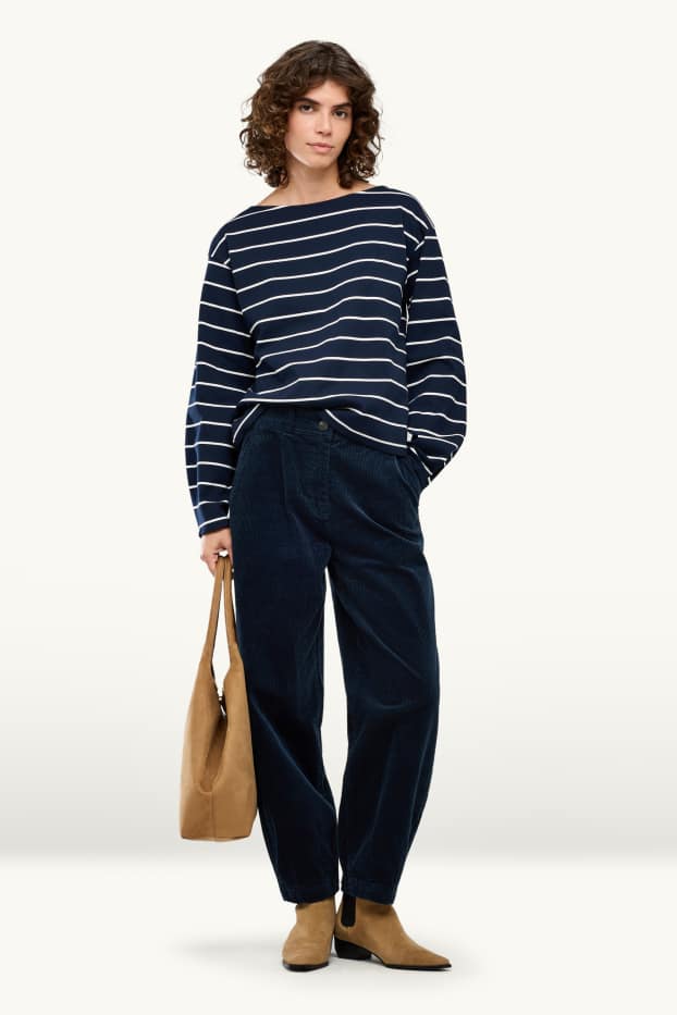 Femmes - Pantalon en velours côtelé - high waist - barrel leg - LYCRA ® - bleu foncé
