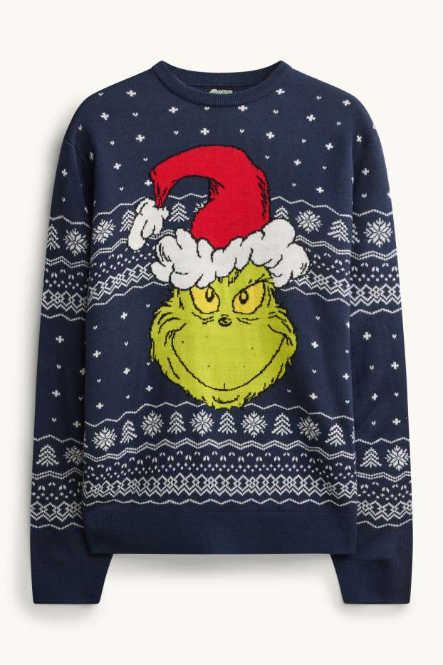 Bărbați - Pulover cu motive de Crăciun - Grinch - albastru închis / alb