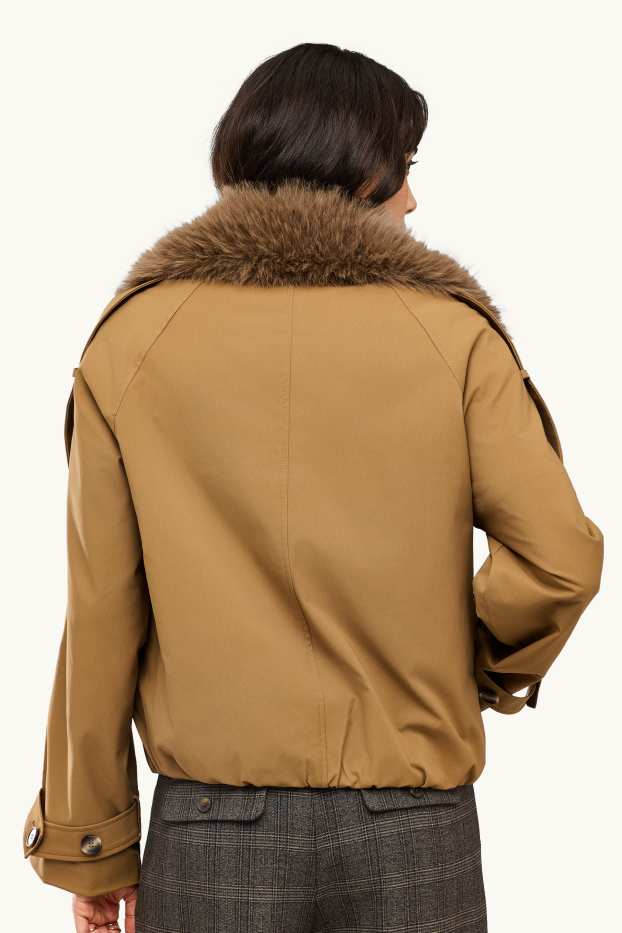 Damen - Crop Trenchcoat mit Kunstfellbesatz - wasserabweisend - beige