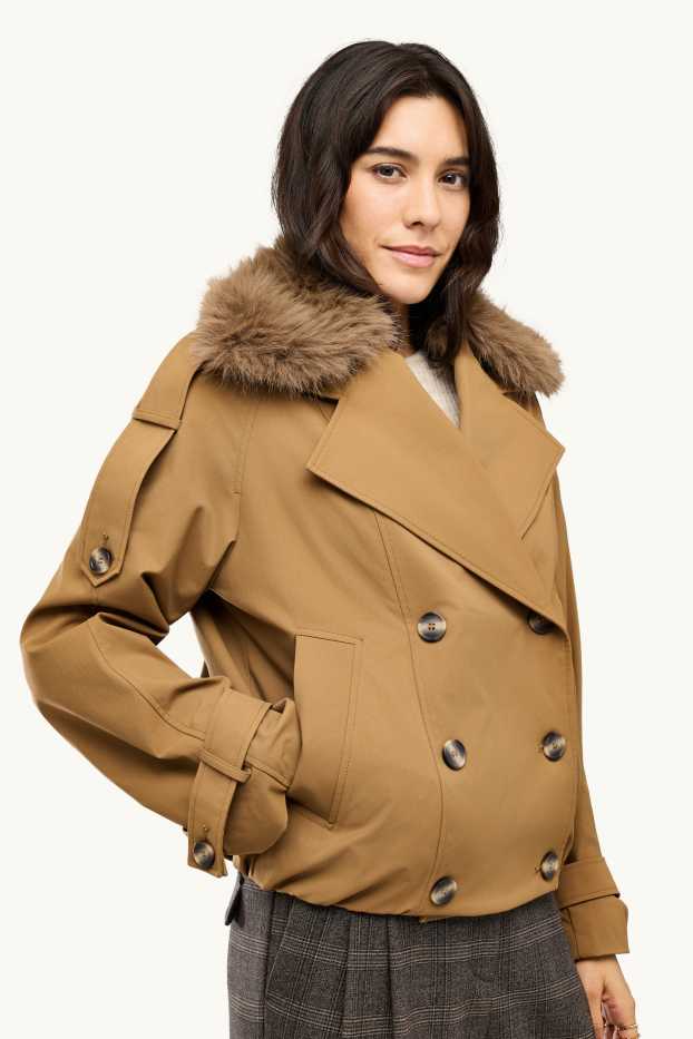 Damen - Crop Trenchcoat mit Kunstfellbesatz - wasserabweisend - beige