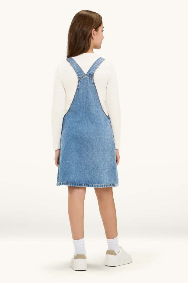 Enfants filles - Étoile - ensemble - robe-salopette en jean et haut à manches longues - 2 pièces - bleu / blanc
