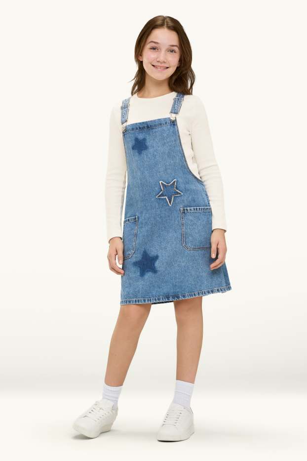 Enfants filles - Étoile - ensemble - robe-salopette en jean et haut à manches longues - 2 pièces - bleu / blanc
