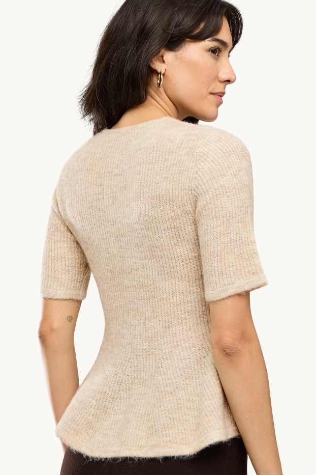 Dames - Gebreide trui - korte mouw - geribd - licht beige