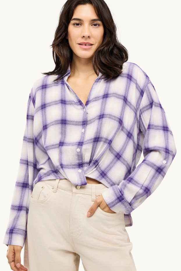 Dames - Overhemdblouse - geruit - paars / wit