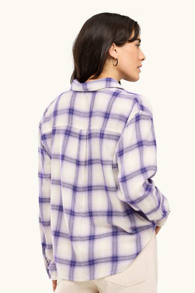 Dames - Overhemdblouse - geruit - paars / wit