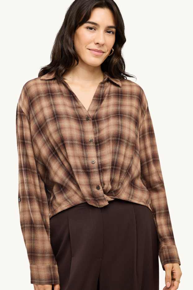 Dames - Overhemdblouse - geruit - bruin / beige