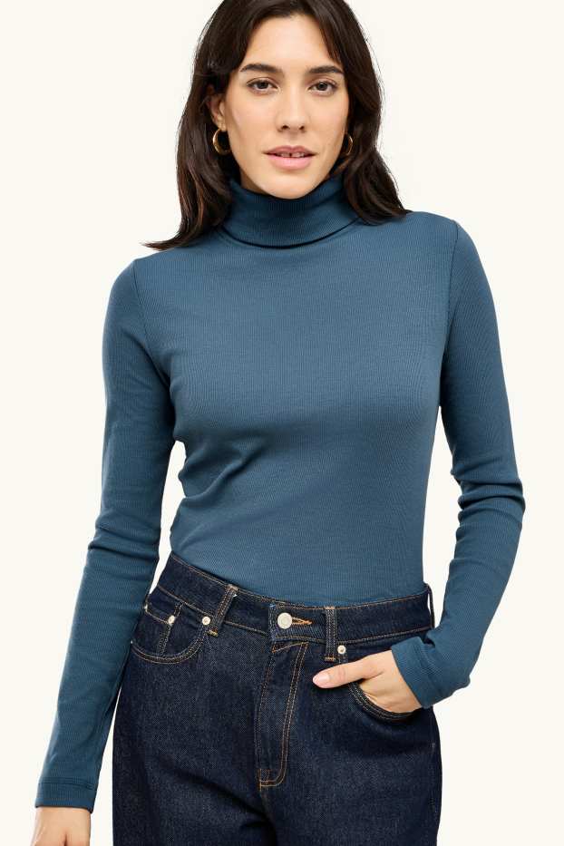 Damen - Rollkragenshirt - gerippt - blau