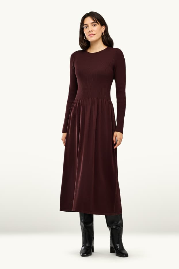 Dona - Vestit de punt de mitja - acanalat - marró fosc