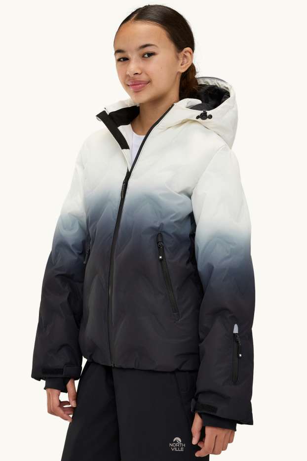 Enfants filles - Veste de ski avec capuche - doublée - finition déperlante - blanc / noir