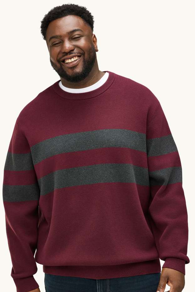 Men - Jumper - striped - bordeaux / black