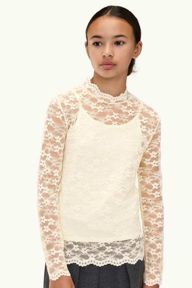 Enfants filles - Fleurs - ensemble - haut et haut à manches longues en dentelle - 2 pièces - jaune clair