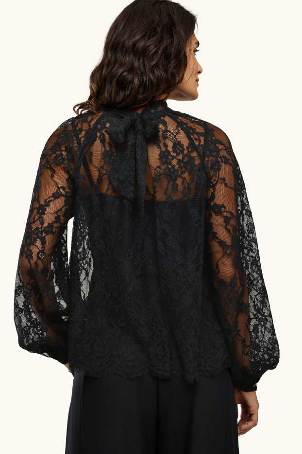 Dames - Blouse van kant, met drapering - zwart