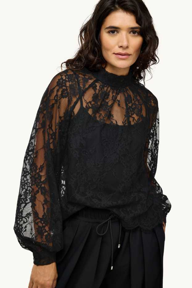 Dames - Blouse van kant, met drapering - zwart