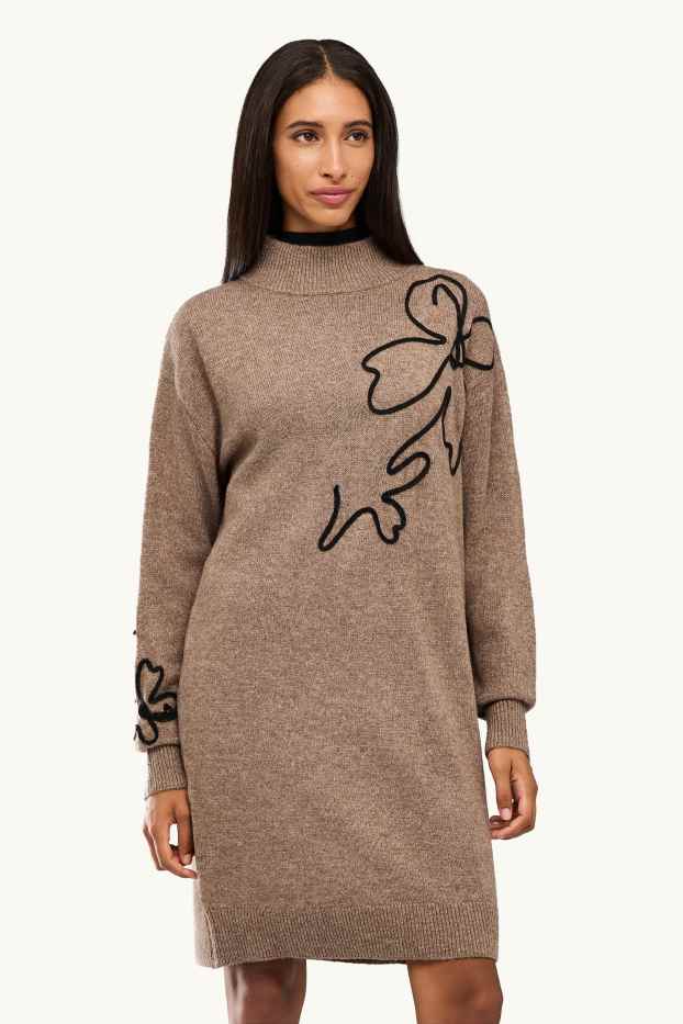 Women - Knitted dress - straight fit - floral - beige