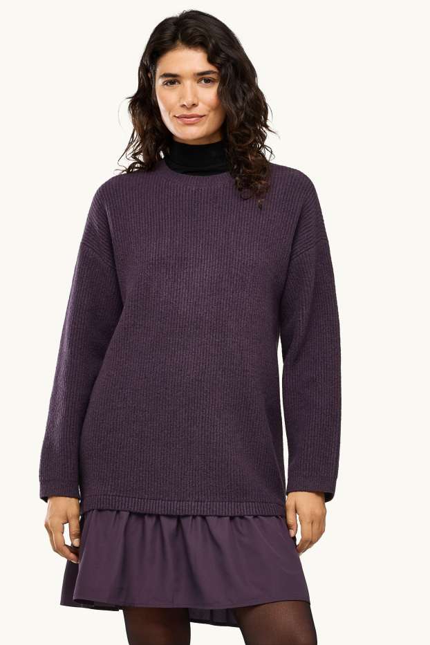Women - Knitted dress - ribbed - 2-in-1 look - violet