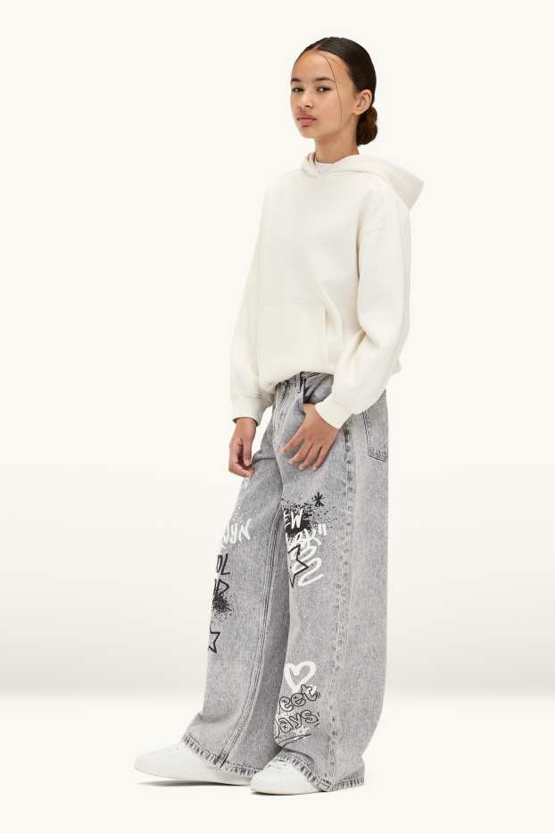 Children Girls - Graffiti - baggy jeans - denim-light gray